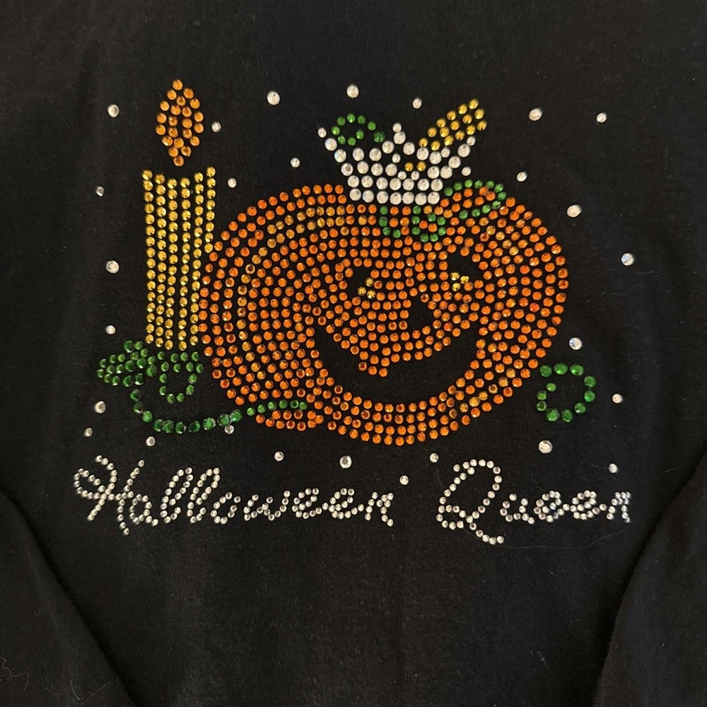 Rhinestone Halloween Queen Large 3/4 Sleeve Black T Shirt Women's